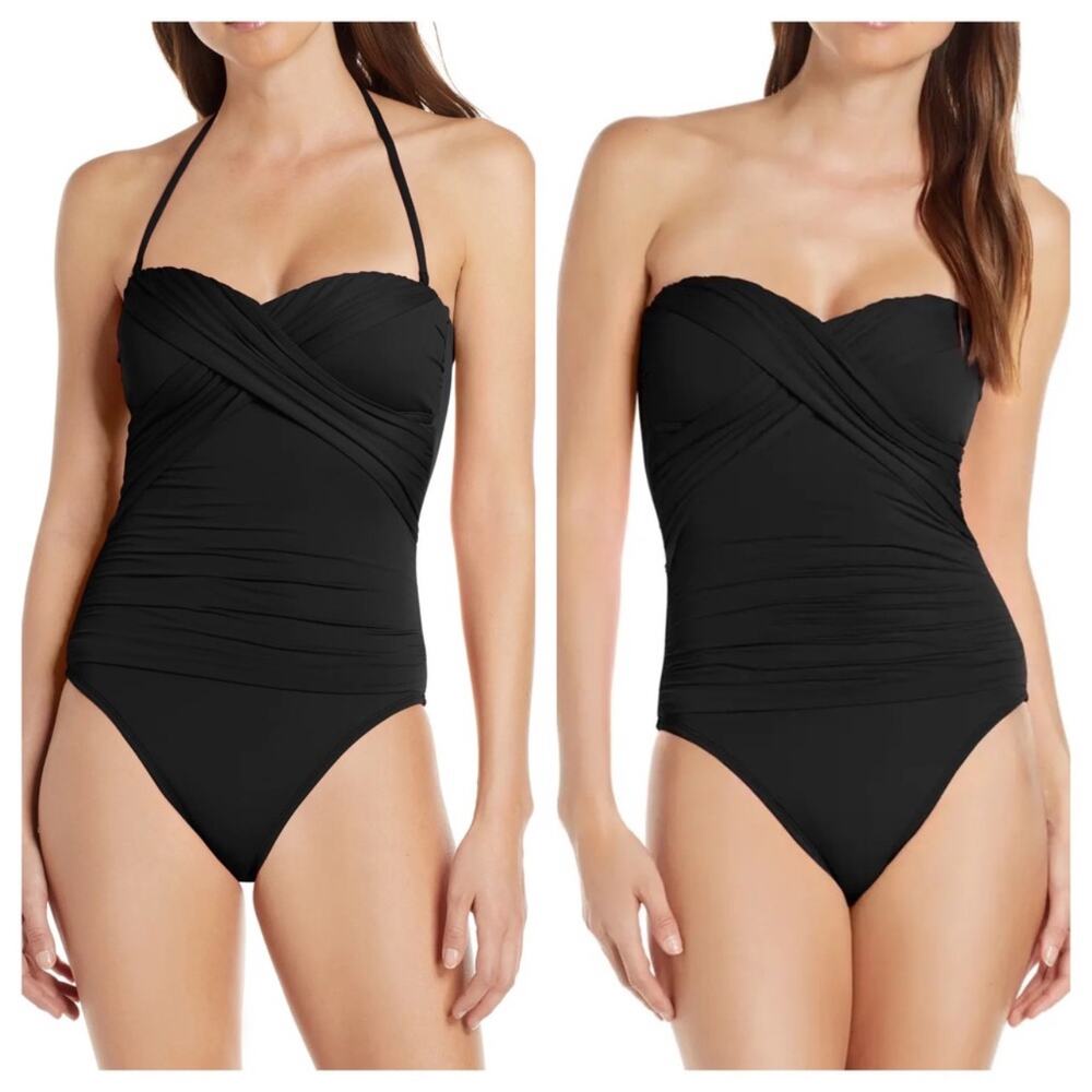 LA BLANCA Swimsuit SZ 14 One Piece Black NEW Twist Bandeau Halter/Strapless - Picture 2 of 16